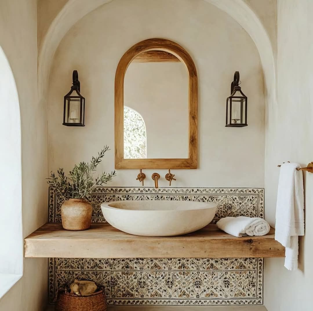 Baño mediterráneo con azulejos de barro y accesorios naturales